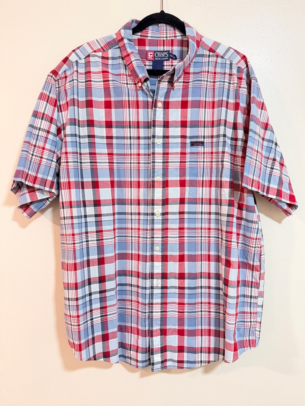 Chaps Ralph Lauren Mens‎ XL Red Blue Plaid Short Sleeve Button Down Easy Care